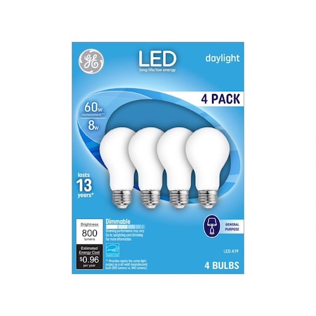 Current A19 E26 (Medium) LED Light Bulb Daylight 60 Watt Equivalence , 4PK 93098314